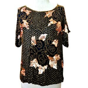 Vintage Gold Beading on Black Silk Blouse Size Medium
